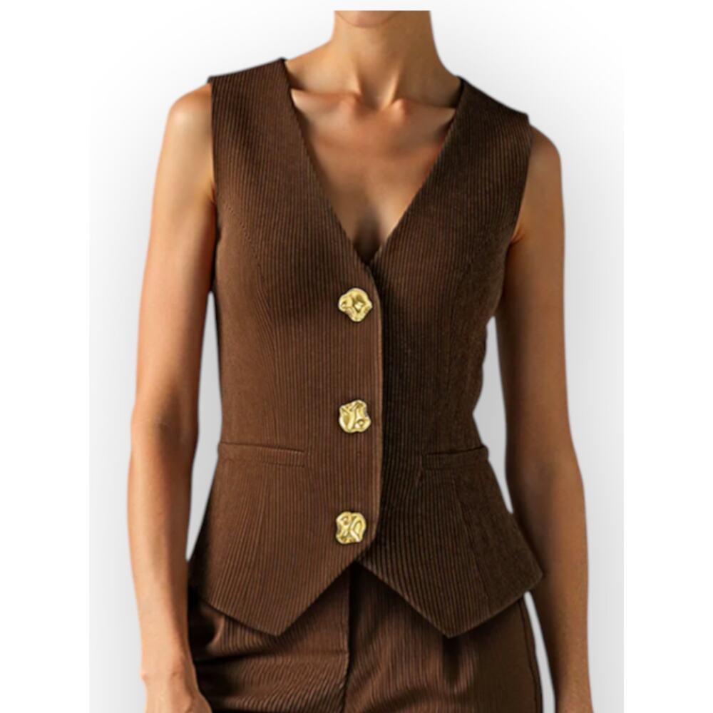 Commense Brown Corduroy Tailored Vest Gold Button V Neck – Modern Chic